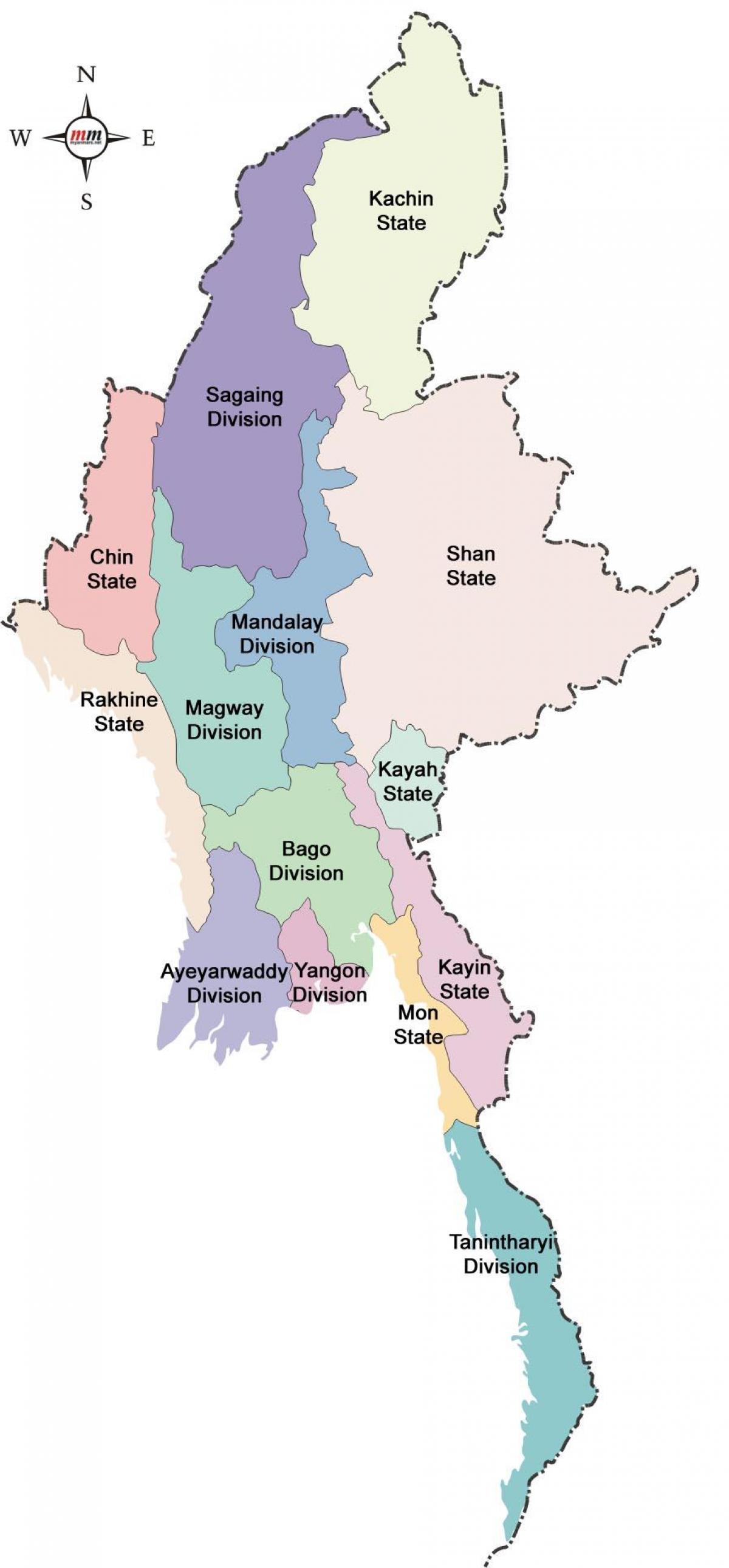 Mapa de Mianmar estados e regiões