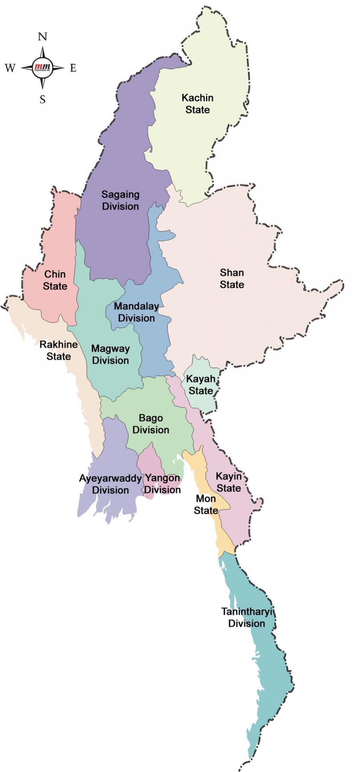 Mianmar mapa e estados