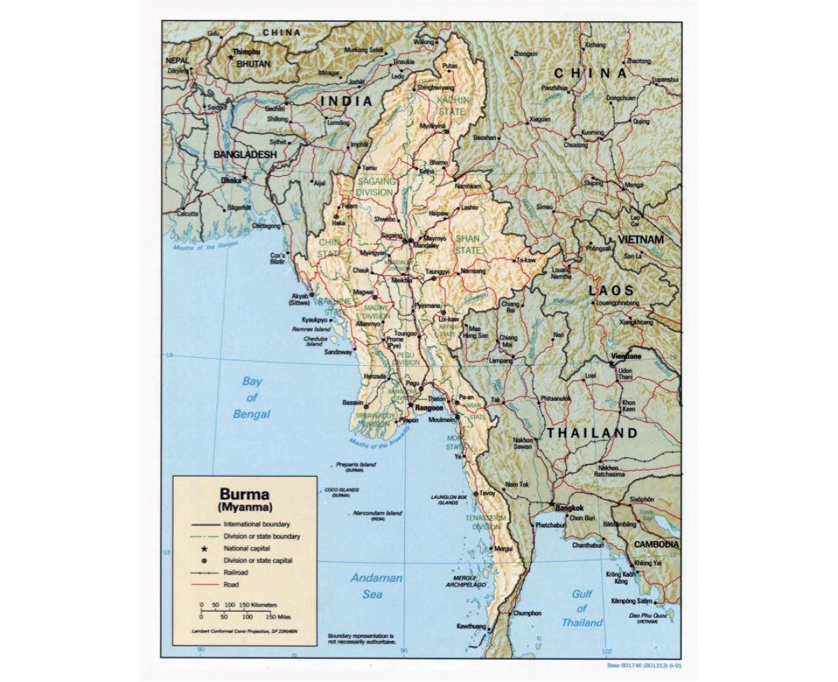mapa com as cidades de Mianmar